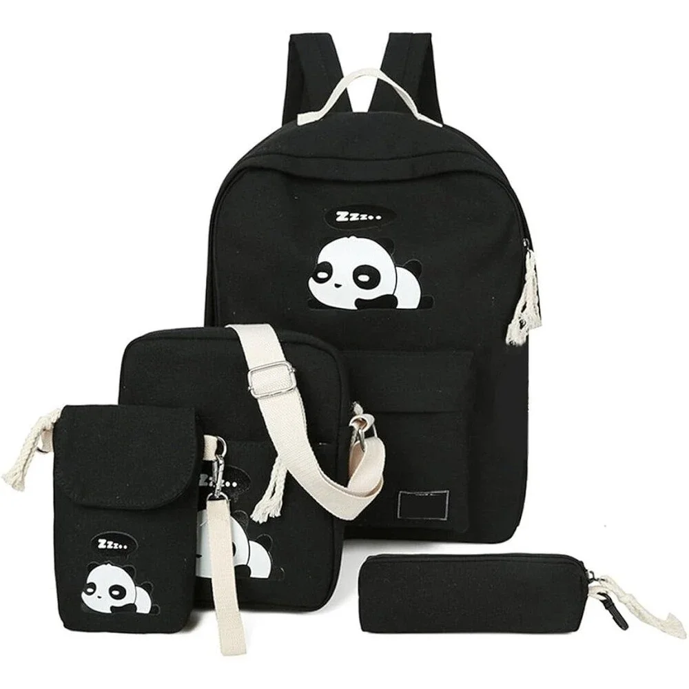 4Pcs Cute Panda Backpack for Girls, Women - Color: BLACK